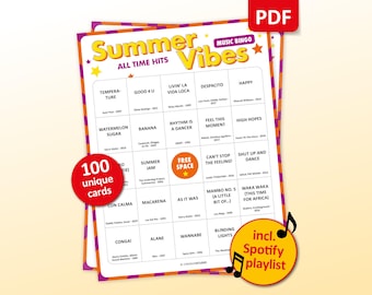 Summer Party Music Bingo, 100 Bingo Cards + Spotify Playlist, Ladies Night Party Game, BBQ Pool Activity with Friends