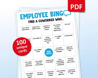 Könnte beinhalten: Eine druckbare Bingokarte mit dem Titel "Mitarbeiter-Bingo: Finde einen Kollegen, der..." Die Karte hat ein freies Feld und 24 Felder mit verschiedenen Aussagen über Kollegen, wie z. B. "hat eine geheime Snackschublade", "hat immer einen Kaffee in der Hand", "bringt jeden Tag ein selbstgemachtes Mittagessen mit", "ist immer kalt im Büro", "hat einen Hintergrund in etwas Unerwartetem", und "liebt es, in der Wildnis zu campen".