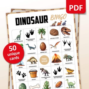 Bingo dinosaures, 50 cartes de bingo dinosaures, activité d’anniversaire, jeu de fête pour enfants Dino, activités en classe d’histoire, jeux imprimables d’apprentissage