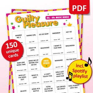 Bingo musicale Guilty Pleasure, 150 cartelle del bingo + playlist Spotify, gioco per feste di compleanno, canzoni degli anni '80, '90 e '00, attività al bar degli amici, addio al nubilato