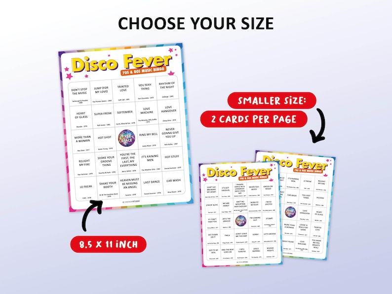 Music bingo party game with the best, 70s, 80s, Disco songs. Perfect as a birthday party, bachelorette party, friends game night, pub crawl, bar activity or office party. Including Spotify Playlist with the songs of the bingo cards. Printable digital download.