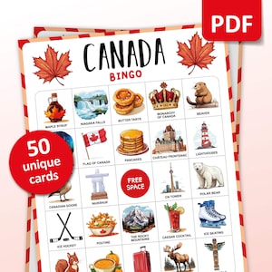Jeu de bingo de voyage au Canada, 50 cartes de bingo, activités de voyage et de vacances, jeu de société à thème canadien pour adultes et enfants, cadeau imprimable