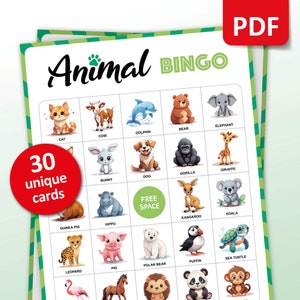 Dierenbingo, 30 dierenbingokaarten, verjaardagsactiviteiten, dierenfeestspel voor kinderen, werelddierendagklasactiviteiten, leren afdrukbaar