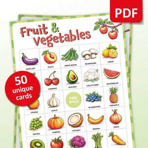 Bingo de fruits et légumes, 50 cartes de bingo, jeu de fête d'anniversaire d'enfants, activité d'alimentation saine en classe, apprendre à manger à imprimer pour les enseignants