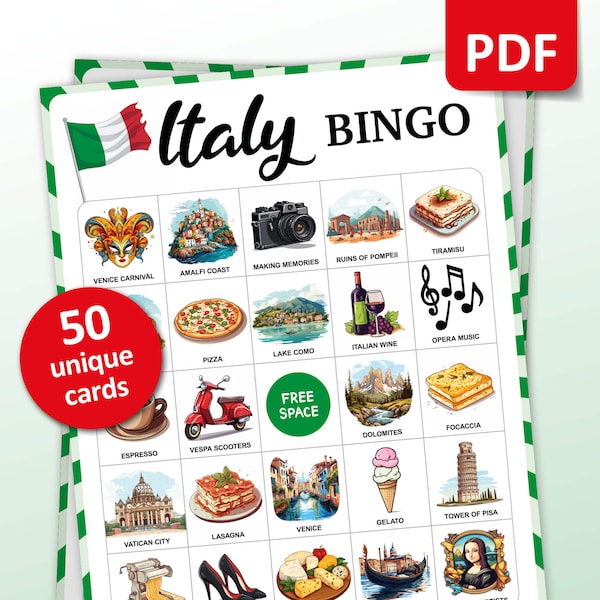 Italien Reise Bingo Spiel, 50 Italien Bingokarten, Reise Urlaub Aktivitäten, Italienisches Thema Partyspiel für Erwachsene und Kinder, druckbares Geschenk