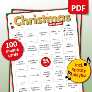 Bingo kerstmuziek, 100 bingokaarten + Spotify-afspeellijst, kerstfeestspel, kantoorfeest, activiteit kerstbar, liedjes digitale download