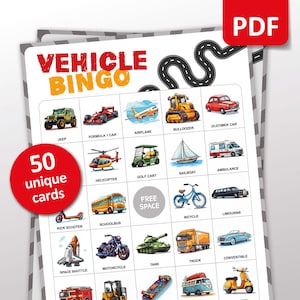 Bingo de coches, 50 tarjetas de automóviles de cumpleaños, actividades de cumpleaños, juego de fiesta de transporte para niños, actividades de aula de vehículos, juegos imprimibles de camiones