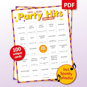 Party Hits Musik Bingo, 100 Bingokarten + Spotify Playlist, 80er 90er Jahre Geburtstagsparty Spiel, Teambildung, Freunde Bar Aktivität, Familientreffen