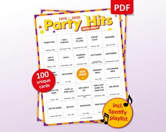 Party Hits Music Bingo, 100 Bingo Cards + Spotify Playlist, 80s 90s Birthday Party Game, Teambuilding, Friends Bar Activity, Family Reunion