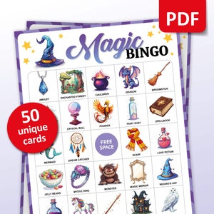 Magic Bingo, 50 cartões de bingo para impressão, jogo de festa de aniversário, festa infantil com feiticeiros, atividades temáticas em sala de aula, download digital de jogos de festa