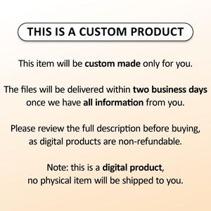May include: A digital product announcement with the text "THIS IS A CUSTOM PRODUCT". The text explains the item is custom-made, delivered within two business days, and is non-refundable. It also notes that no physical item will be shipped.