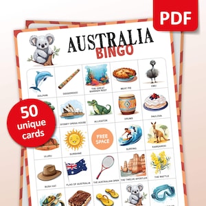 Australia Travel Bingo Game, 50 Bingo Cards, Australian Trip Vacation Activities, Aussie Theme Party Game for Adults & Kids, Printable Gift
