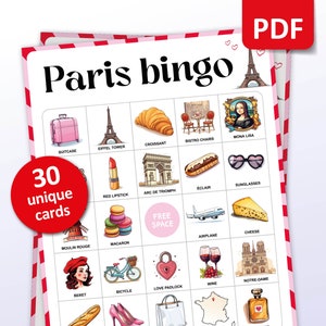 Jogo de bingo de viagem em Paris, 30 cartas de bingo em Paris, atividades de férias em viagens, jogo de festa temática de Paris para adultos e crianças, presente para impressão