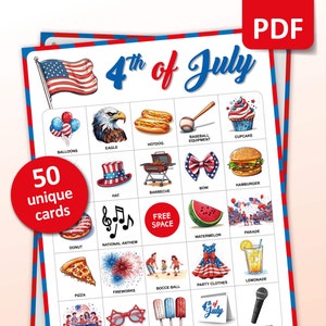 Bingo del 4 de julio, 50 cartones de bingo del Día de la Independencia, juego de fiesta para niños y adultos, actividad del 4 de julio, aula americana imprimible