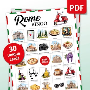 Gioco di Bingo da Viaggio a Roma, 30 Carte di Bingo in Italia, Attività di Viaggio e Vacanza, Gioco di Festa a Tema Italiano per Adulti e Bambini, Regalo Stampabile