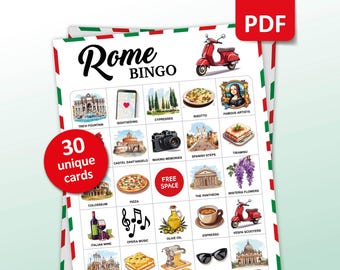 Rome Travel Bingo Game, 30 Italy Bingo Cards, Travel Trip Vacation Activities, Italian Theme Party Game for Adults and Kids, Printable Gift
