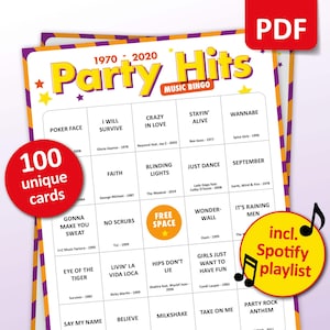 Party Hits Muziekbingo, 100 bingokaarten + Spotify-afspeellijst, 80s 90s verjaardagsfeestje, teambuilding, activiteit vriendenbar, familiereünie