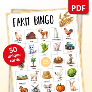 Farm Bingo, 50 Farm Bingo Cards, Birthday Activities, Kids Harvest Party Game, Agriculture Classroom Activities, Learning Printable Games