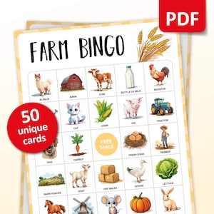 Boerderij Bingo, 50 boerderij bingokaarten, verjaardagsactiviteiten, oogstfeestspel voor kinderen, landbouwklasactiviteiten, afdrukbare spellen leren