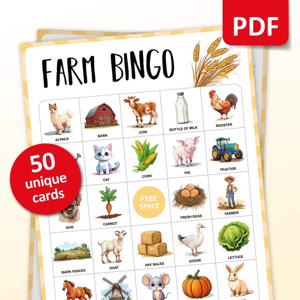 Bingo de Granja, 50 Tarjetas de Bingo de Granja, Actividades de Cumpleaños, Juego de Fiesta de Cosecha para Niños, Actividades de Aula de Agricultura, Juegos Imprimibles de Aprendizaje