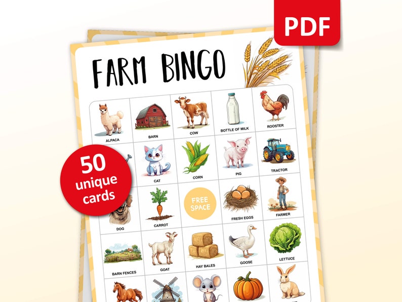 May include: A printable bingo card featuring farm-themed images, such as an alpaca, barn, cow, bottle of milk, rooster, cat, corn, pig, tractor, carrot, free space, fresh eggs, farmer, barn fences, goat, hay bales, goose, lettuce, horse, windmill, mouse, and pumpkin. The card is designed for a game of bingo and includes 50 unique cards.