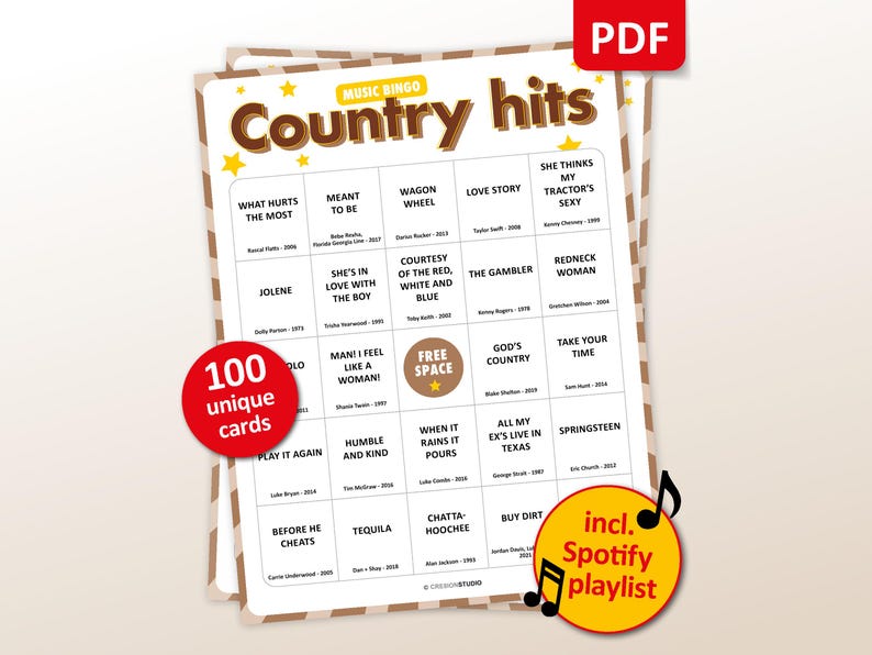Country music bingo game printable, western music bingo cards, Nashville themed party game, country hits bingo, cowboy music game, southern music trivia, honky tonk bingo, bluegrass and country pop songs, line dancing party activity, country western themed baby shower or birthday game, digital download printable bingo cards for adults and groups