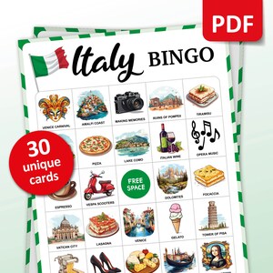 Jogo de bingo para viagens na Itália, 30 cartas de bingo na Itália, atividades de férias em viagens, jogo de festa temática italiana para adultos e crianças, presente para impressão