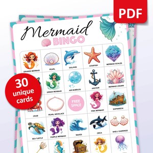 Meerjungfrau Bingo, 30 Meerjungfrau Bingokarten, Geburtstagsaktivitäten, Kinder Meerjungfrau Partyspiel, Sirene Märchen Klassenzimmer Aktivitäten, druckbare Spiele