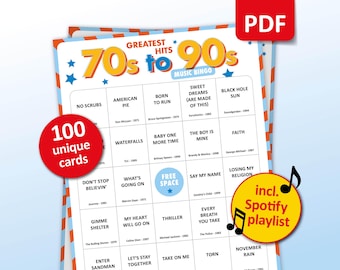 Bingo musical de los años 70, 80 y 90, 100 cartones de bingo + lista de reproducción de Spotify, juego de fiesta de cumpleaños, trabajo en equipo, actividad en el bar de amigos, reunión familiar