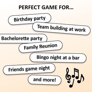 以下が含まれることがあります： 「完璧なゲームは...」というテキストと、誕生日パーティー、職場のチームビルディング、独身最後のパーティー、家族の再会、バーでのビンゴナイト、友達とのゲームナイトなど、さまざまな機会がリストされたグラフィック。音符も含まれています。