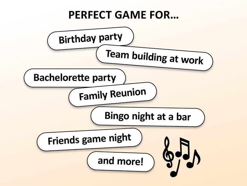 以下が含まれることがあります： 「完璧なゲームは...」というテキストと、誕生日パーティー、職場のチームビルディング、独身最後のパーティー、家族の再会、バーでのビンゴナイト、友達とのゲームナイトなど、さまざまな機会がリストされたグラフィック。音符も含まれています。