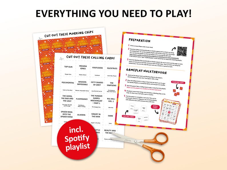 Movie & TV Show Music Bingo party game featuring the most iconic film soundtracks, television theme songs and blockbuster movie hits. Perfect for movie nights, TV series marathons, family game nights, birthday parties and friends gatherings. Includes famous songs from cult classics, sitcoms, dramas and musicals. Including Spotify playlist with all soundtrack and theme songs on the bingo cards. Printable digital download.