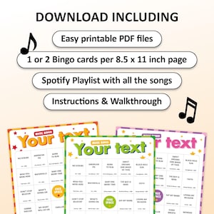 Custom Music Bingo Game with 50 unique cards, printable party game for birthdays, bachelorette parties, hen parties, graduations, tea parties, bridal showers, girls night, family gatherings, office events, and celebrations of all kinds. Fun music activity with your own songs, interactive icebreaker, instant digital download, perfect for large groups, adults, teens, and special occasions.