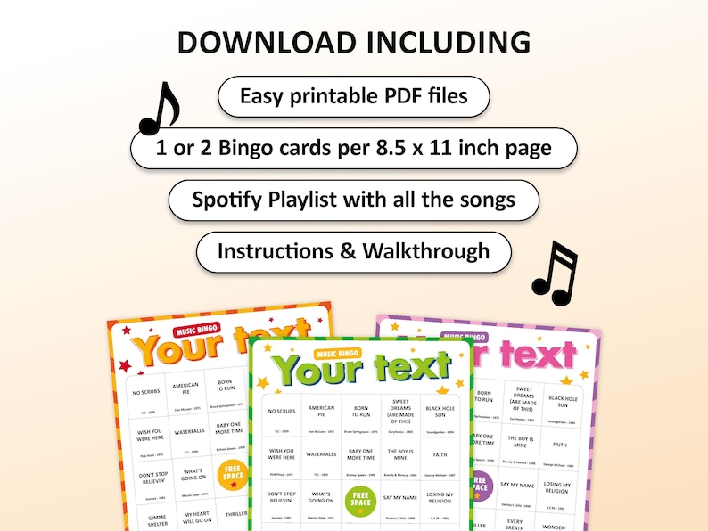 Custom Music Bingo Game with 50 unique cards, printable party game for birthdays, bachelorette parties, hen parties, graduations, tea parties, bridal showers, girls night, family gatherings, office events, and celebrations of all kinds. Fun music activity with your own songs, interactive icebreaker, instant digital download, perfect for large groups, adults, teens, and special occasions.