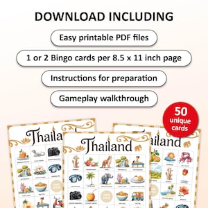 Thailand bingo game with 50 bingo cards, perfect for adults and kids who are going to travel to this country. Great backpacker gift for your friend. Party game for the farewell party.