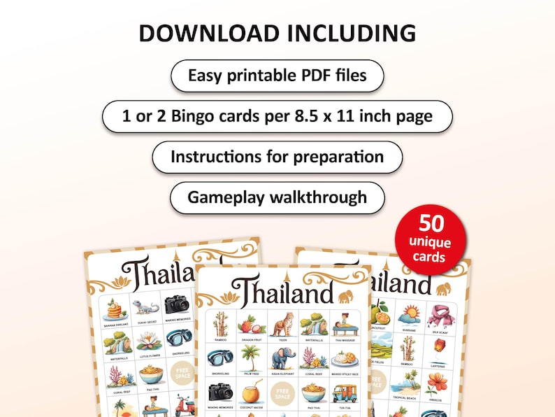 Thailand bingo game with 50 bingo cards, perfect for adults and kids who are going to travel to this country. Great backpacker gift for your friend. Party game for the farewell party.
