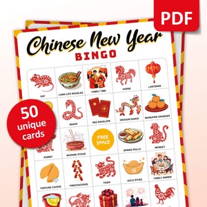 Chinesisches Neujahrsfest Bingo, 50 Mondneujahrs-Bingokarten, Partyspiel für Kinder und Erwachsene, Chinesisches Neujahr 2025 Aktivitäten, Druckbare Spiele