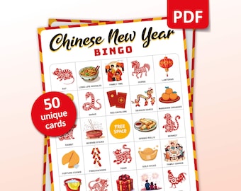 Chinese New Year Bingo, 50 Lunar New Year Bingo Cards, Party Game for Kids and Adults, Chinese New Year 2026 Activities, Printable Games