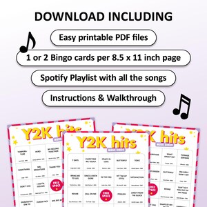 Y2K music bingo party game with the best zeros 2000s hits. Perfect as a y2k birthday party, friends game night, pub crawl, bar activity or office party. Including Spotify Playlist with the 00s songs on the bingo cards. Digital download.