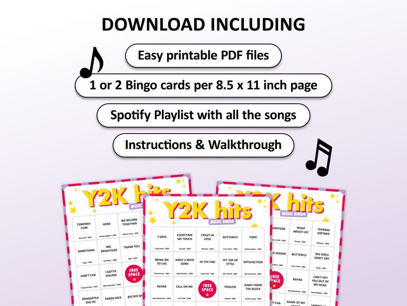Y2K music bingo party game with the best zeros 2000s hits. Perfect as a y2k birthday party, friends game night, pub crawl, bar activity or office party. Including Spotify Playlist with the 00s songs on the bingo cards. Digital download.
