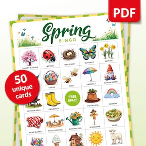 Bingo primaverile, 50 carte Bingo primaverili, Attività di compleanno, Gioco per feste per bambini e adulti, Attività in classe della stagione pasquale, Gioco stampabile di apprendimento