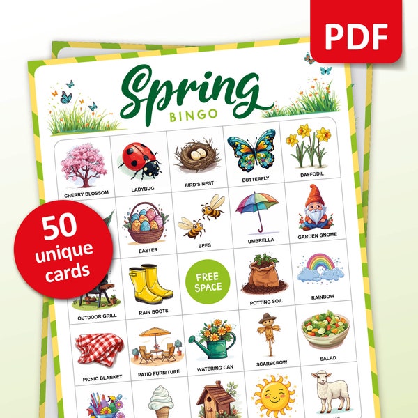 Bingo du printemps, 50 cartes de bingo du printemps, activités d'anniversaire, jeu de société pour enfants et adultes, activité en classe pour la saison de Pâques, jeu d'apprentissage imprimable