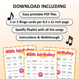 40th Birthday Music bingo party game with the best 70s, 80s, 90s, 00s, 10s, 20s hits. Perfect as a birthday party, friends game night, pub crawl, bar activity for your fortieth birthday. Including Spotify Playlist with the songs on the bingo cards. Digital download.