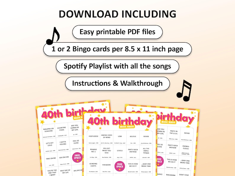 40th Birthday Music bingo party game with the best 70s, 80s, 90s, 00s, 10s, 20s hits. Perfect as a birthday party, friends game night, pub crawl, bar activity for your fortieth birthday. Including Spotify Playlist with the songs on the bingo cards. Digital download.