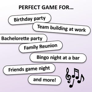May include: A graphic with the text "PERFECT GAME FOR..." and several suggestions, including "Birthday party," "Team building at work," and "Friends game night." Musical notes are in the bottom right corner.