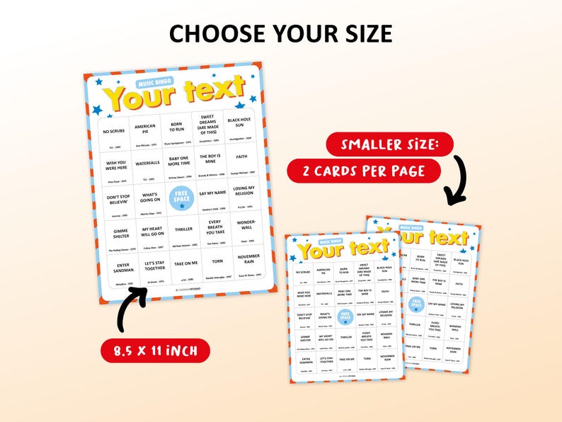Custom Music Bingo Game with 50 unique cards, printable party game for birthdays, bachelorette parties, hen parties, graduations, tea parties, bridal showers, girls night, family gatherings, office events, and celebrations of all kinds. Fun music activity with your own songs, interactive icebreaker, instant digital download, perfect for large groups, adults, teens, and special occasions.