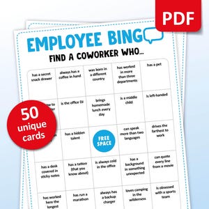 Bingo dla współpracowników, 50 kart do gry w bingo w biurze, gra na imprezę „Icebreaker”, aktywność do wydrukowania „Get To Know You”, rozmowa o budowaniu zespołu pracowników