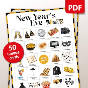 Silvester Bingo, 50 NYE Bingokarten, Silvesterpartyspiel für Kinder und Erwachsene, Dezemberferienaktivitäten, druckbare Spiele