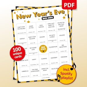 Bingo musical de Nochevieja, 100 cartones de bingo + lista de reproducción de Spotify, juego para la fiesta de Nochevieja, actividad de cuenta atrás para 2027, celebración de Año Nuevo con amigos