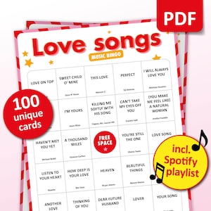 Bingo musical para el día de San Valentín, 100 tarjetas de bingo + lista de reproducción de Spotify, juego de despedida de soltera, actividad de amigos para la fiesta de Galentines, descarga de canciones de amor